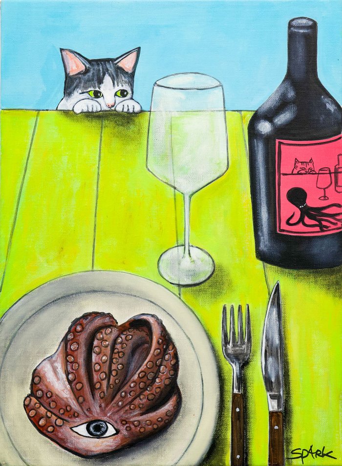 Cat, Octopus, Wine, Acrylic on Canvas, 45.5×33.5cm 2022